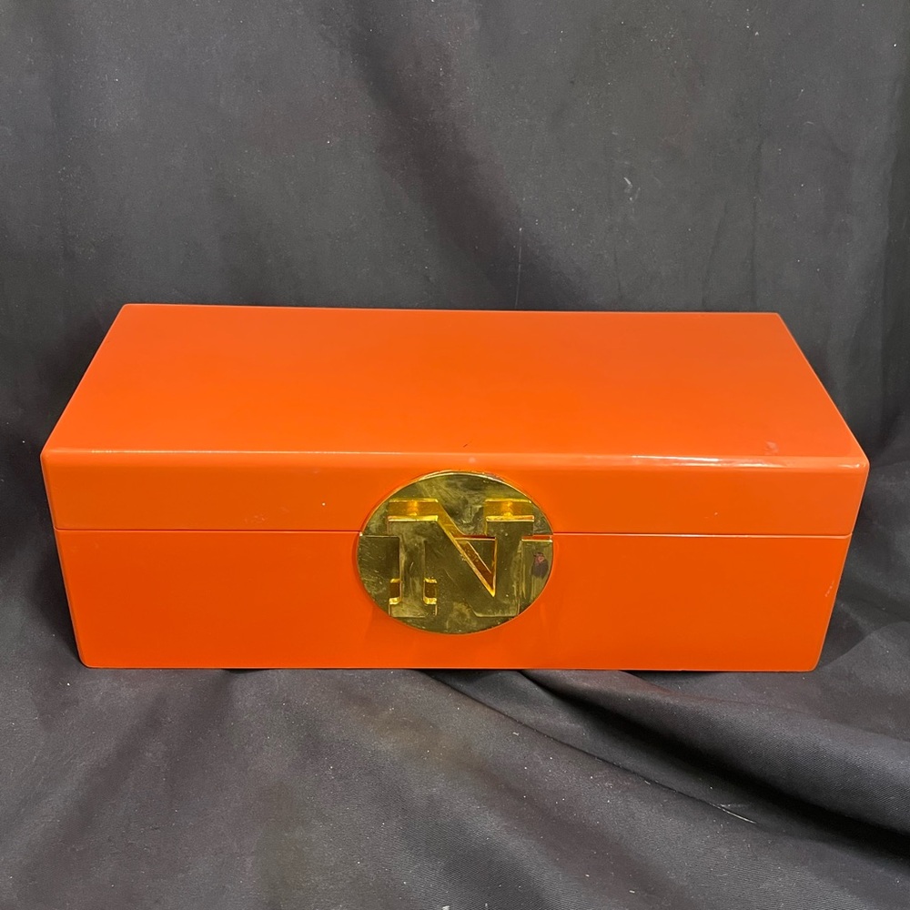 C Wonder Orange Lacquered Hinged 11x5 Jewelry Trinket Box Gold Brass N Monogram